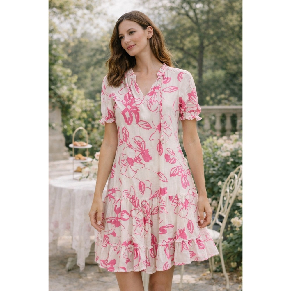 Kindred Womens Medium Pink Floral Ruffle Tiered Boho Mini Dress V-Neck Tie - Picture 1 of 8